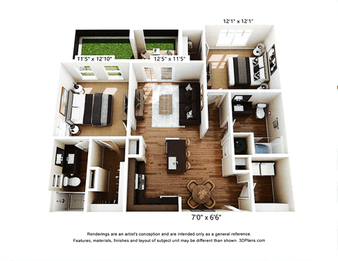 Floor plan for 2 beds, 2 baths, 1064 sqft